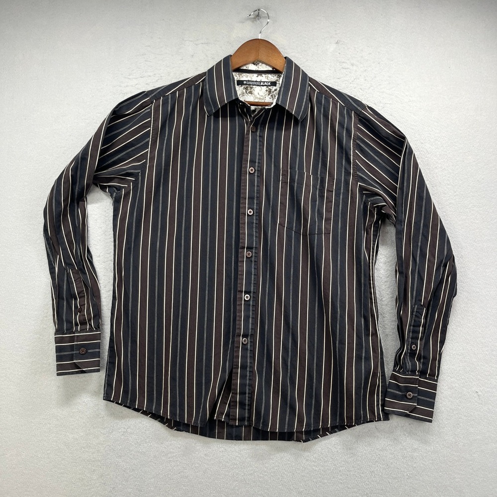Carbon Black Button Up Shirt Men Large Brown Striped Long Sleeve Oxford Casual